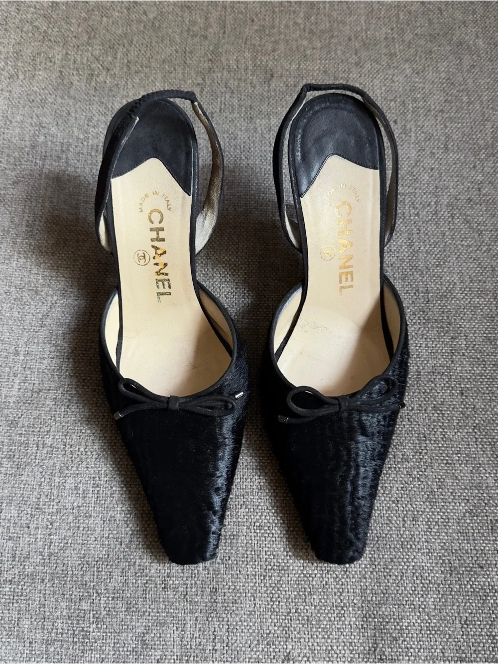 Vintage Chanel black pony hair slingback heels